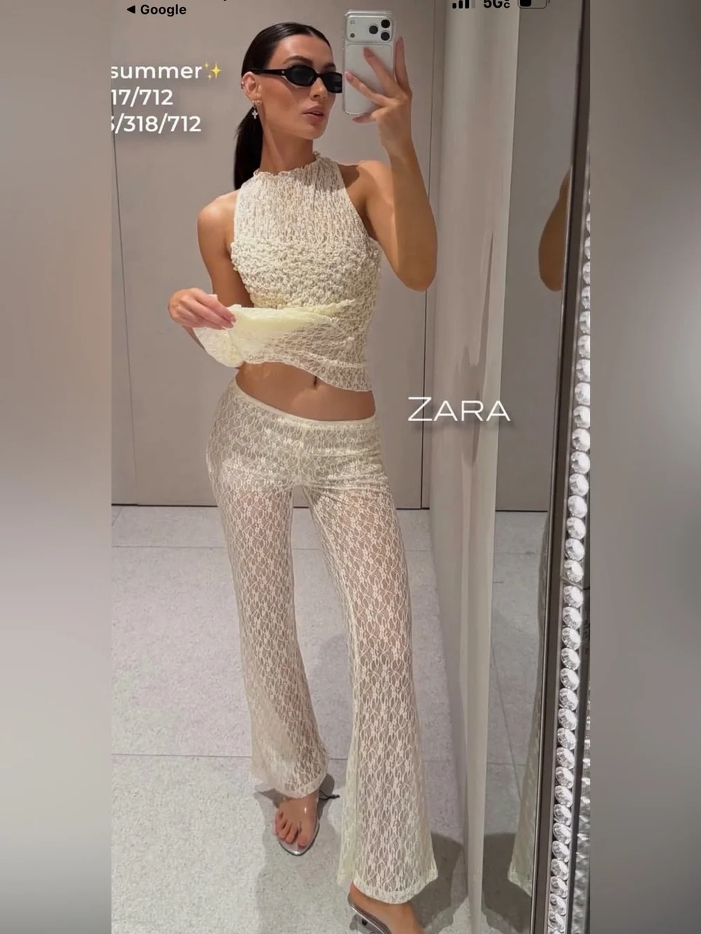 Zara NWT 2 piece SET Pale Butter yellow Cream Lace asymmetric top & Pants SET